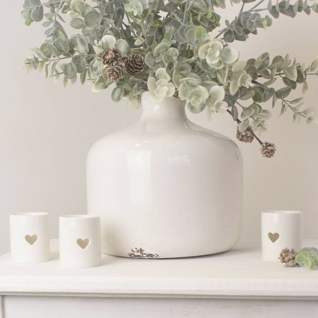 Trio Of White Ceramic Tea Light Holders With Heart By Mac and lilly