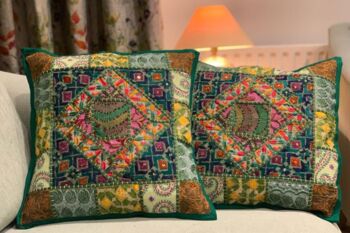Handmade Indian Patchwork Cushion Cover Green, 2 of 4