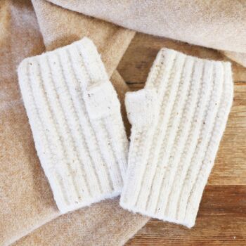 Soft Knitted Hand Warmers In Marled Cream, 3 of 5
