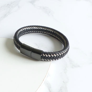Mens Woven Leather Steel Bracelet, 4 of 6