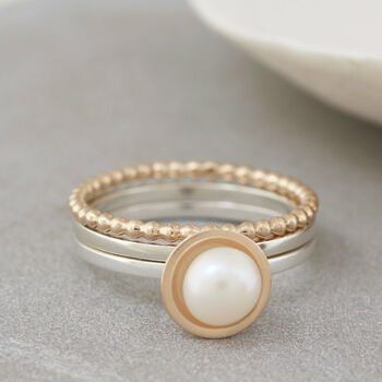 Silver And 9ct Gold Pearl Stacking Ring Set, 2 of 7