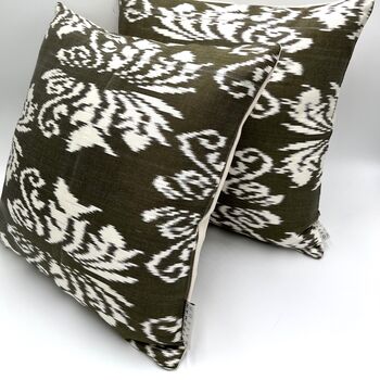 Square Ikat Silk Cushion Olive Green Abstract, 4 of 8