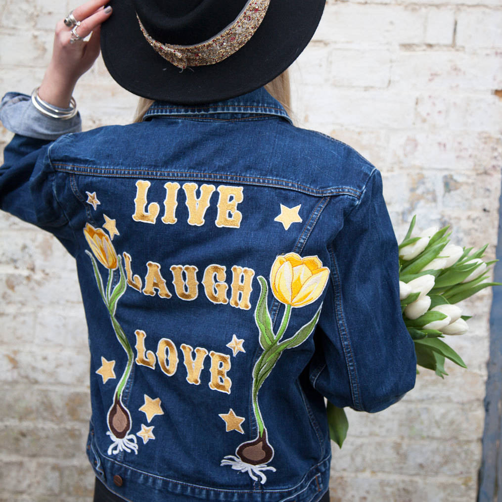 'Live, Laugh, Love' Tulip Embroidered Denim Jacket, 1 of 5