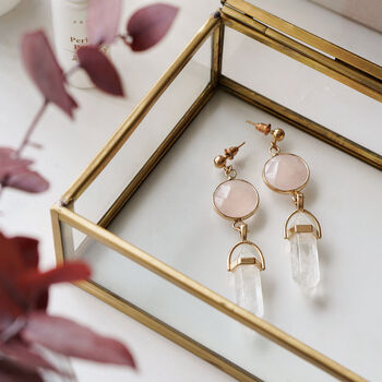 Gold Plate Rose Quartz And Clear Quartz Point Earrings, 4 of 5