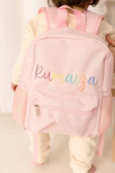 Child's Personalised Rainbow Italic Name Rucksack Perfect For Nursery, 2 of 3