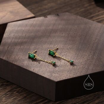 Baguette Cz Dangle Chain Stud Drop Earrings, 6 of 12