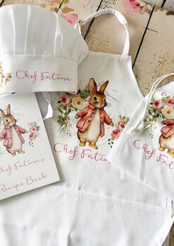 Personalised Kids Baking Set, Pink Rabbit Theme Cooking Apron Chef Hat, 2 of 6