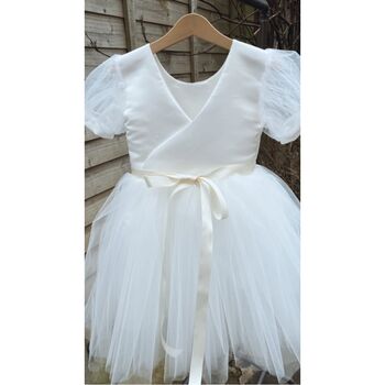 Duchess Satin Tutu Flower Girl Dress With Tulle Puff Sleeves, 10 of 11