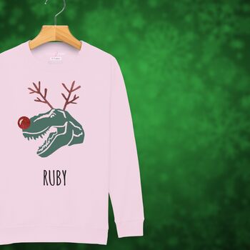 Rudolphasaurus Rex Dinosaur Personalised Kids Christmas Jumper Sweatshirt, 2 of 12