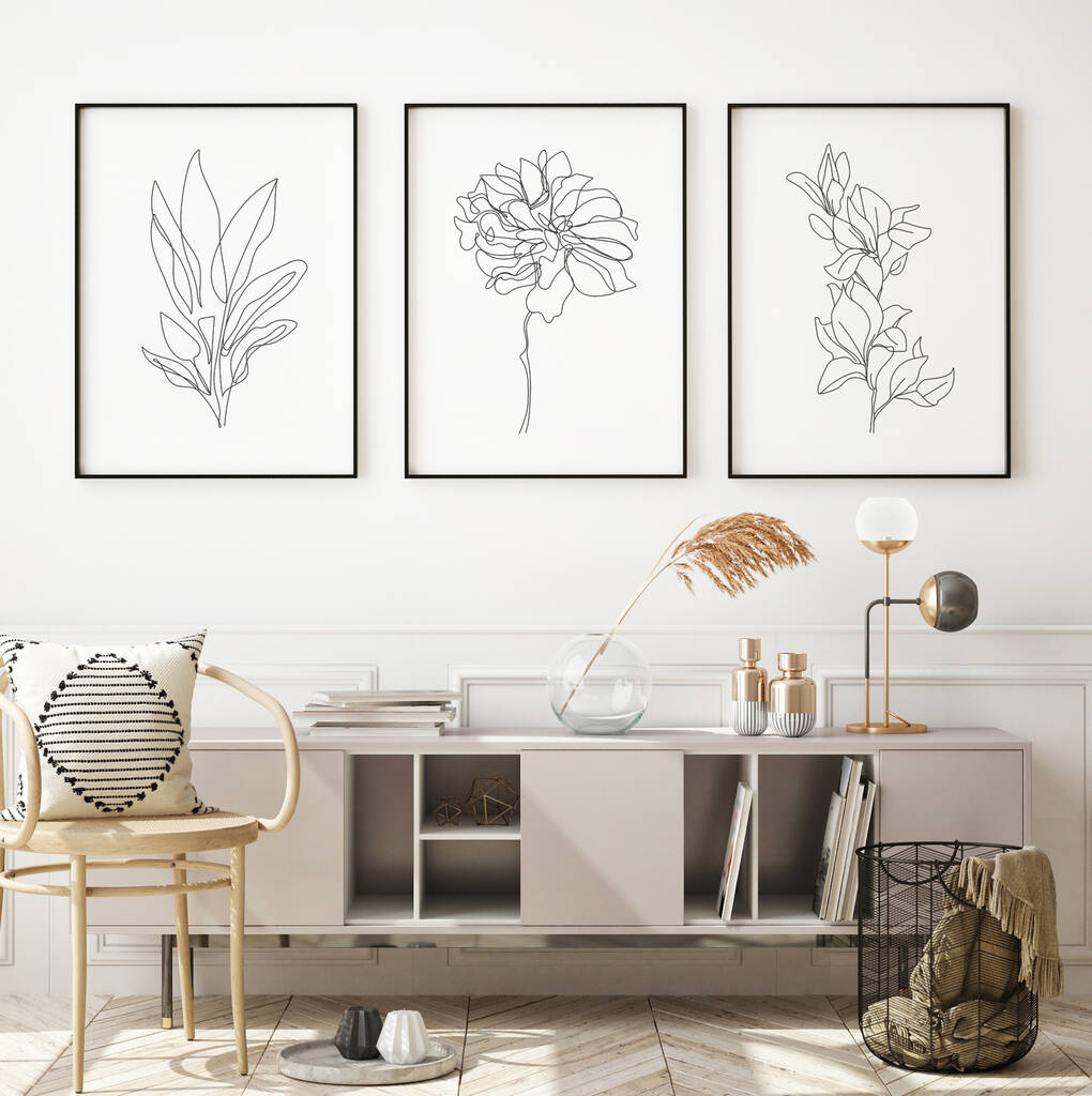 Set Of Three Black And White Floral Line Art Prints By Over & Over