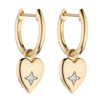 9ct Gold Gypsy Set Diamond Heart Huggie Earrings, 4 of 4