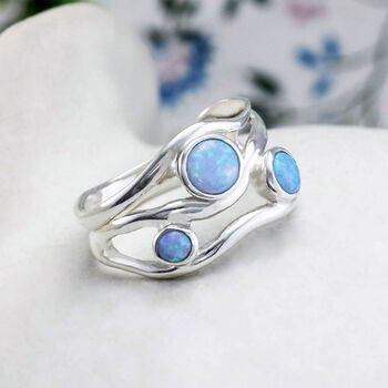 Molten Sterling Silver Blue Opal Trio Ring, 2 of 8