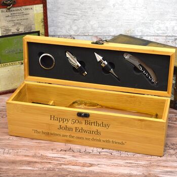 Personalised Wooden Wine Bottle Box With Accessories, 2 of 6