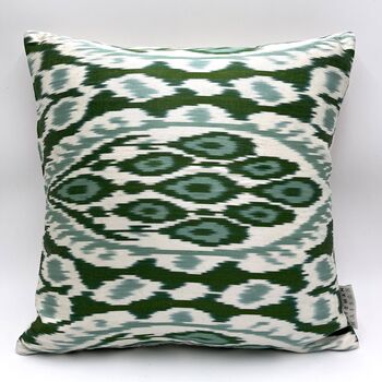 Square Ikat Silk Cushion Forest Green Abstract, 6 of 9