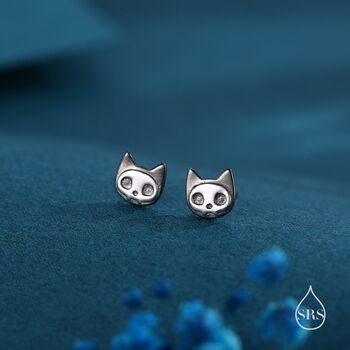 Cute Cat Skull Stud Earrings In Sterling Silver, 2 of 11