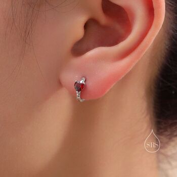 Garnet Red Heart Cz Huggie Hoop In Sterling Silver, 3 of 12