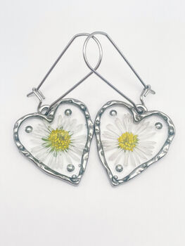 Heart Earrings With Daisy Flowers And Silver Beads, 3 of 10