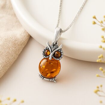Personalised Sterling Silver Owl Pendant With Baltic Amber, 2 of 9