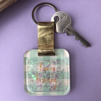 Personalised Teal Gingham Print Glitter Keyring, 3 of 7