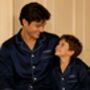 Personalised Matching Navy Luxury Satin Father's Day Pyjamas For Dad And Child, thumbnail 2 of 9