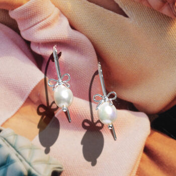 Sterling Silver Pearl Bow Earrings, 6 of 11