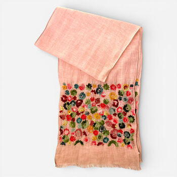 Hand Embroidered 100% Linen Scarf In Blush Pink Floral, 2 of 8