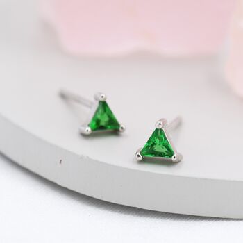 Sterling Silver Emerald Green Cz Triangle Stud Earrings, 3 of 11