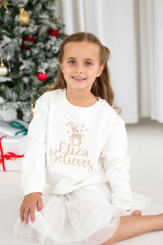 Personalised 'Believes' Christmas Reindeer Embroidered Sweatshirt Jumper, 2 of 11