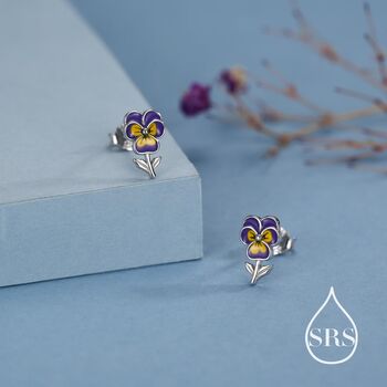 Pansy Enamel Stud Earrings In Sterling Silver, 3 of 11