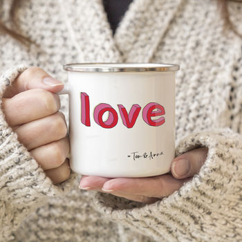 Couples 'Love' Enamel Mug Set With Couples Names, 2 of 6
