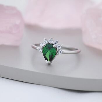 Genuine Pear Cut Emerald Green Cz Crown Ring, 2 of 11