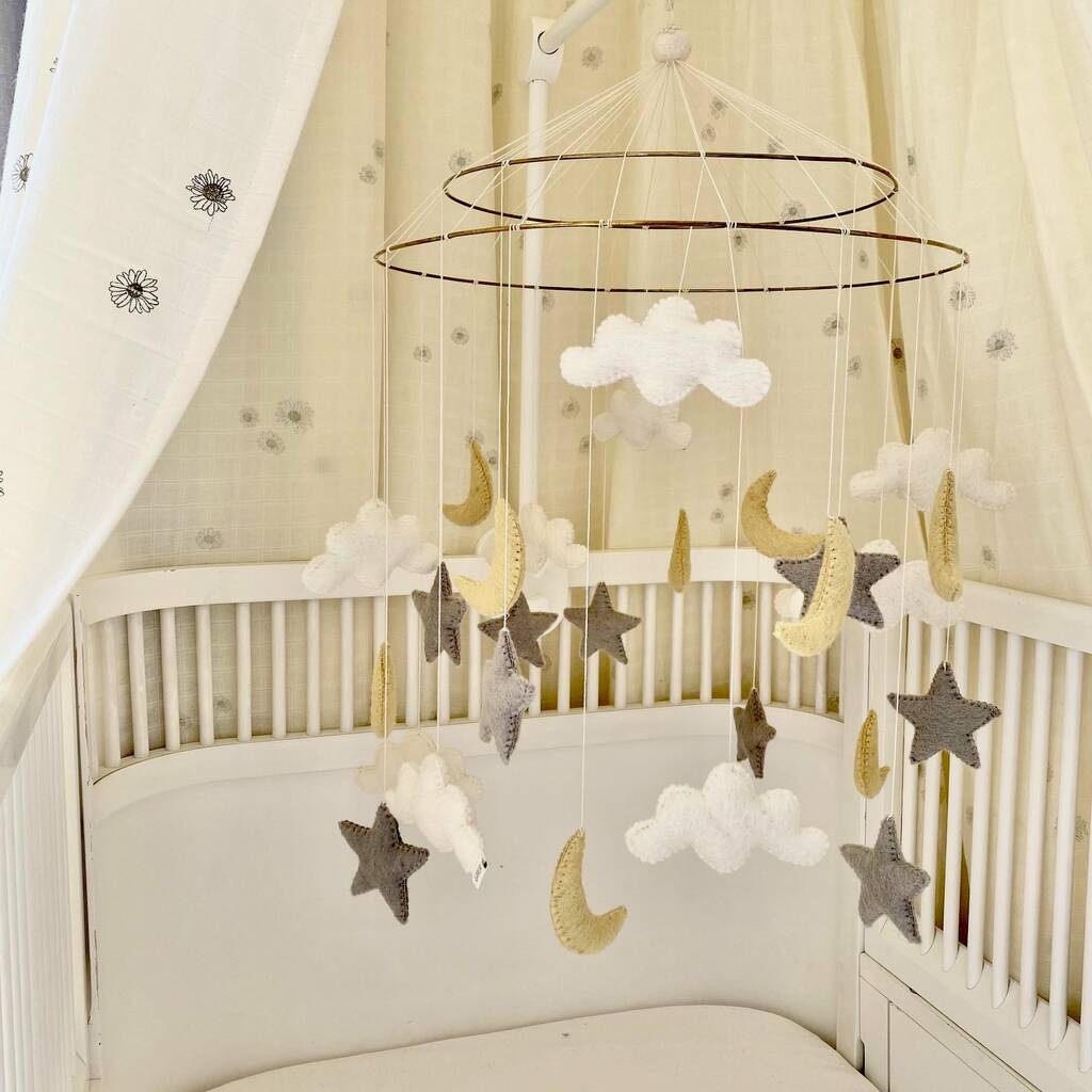 Baby Mobile Large Night Sky, Grey And Yellow, 1 of 6