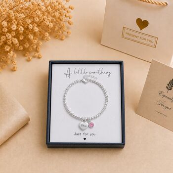 Personalise Birthstone Silver Bead Heart Charm Bracelet Engraved Name, 2 of 9