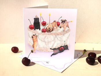 Pug Birthday Cream Cherry Cake Card, 5 of 7