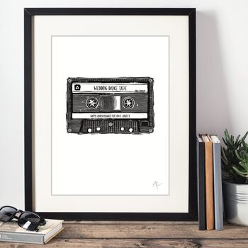 Personalised Linocut Cassette Tape Art Print, 9 of 12