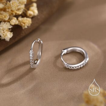 Sterling Silver Irregular Shaped Minimalist Cz Crystal Huggie Hoop Earrings, 5 of 11