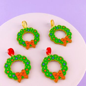 Christmas Wreath Acrylic Earrings, 5 of 10