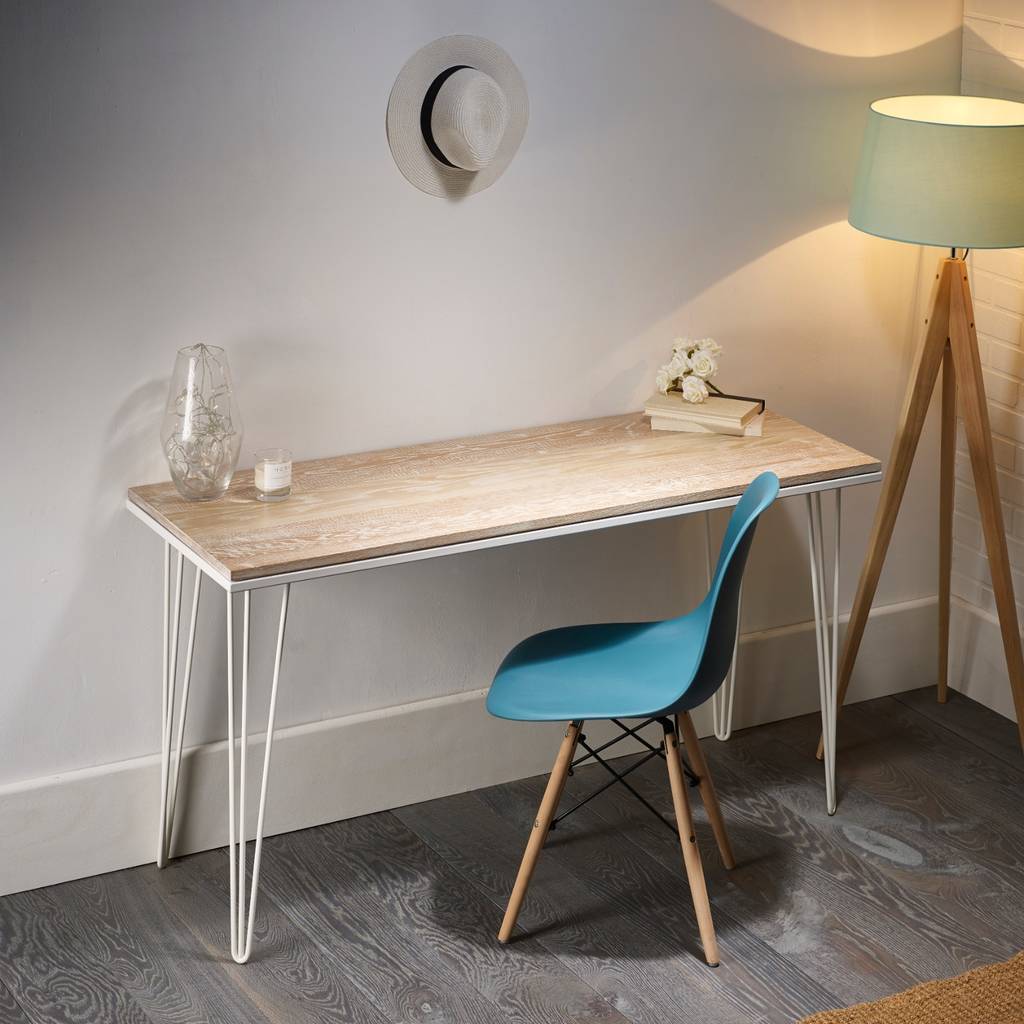 Solid Oak Hairpin Desk With Whitewashed Finish By Wicked Hairpins