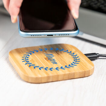 Personalised Botanical Circle Bamboo Wireless Charger, 2 of 6