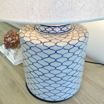 Blue And Stone Ikat Design Crackled Ceramic Lamp, 3 of 4