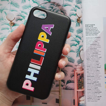 Personalised Rainbow Font Black Pu Leather Phone Case, 6 of 7