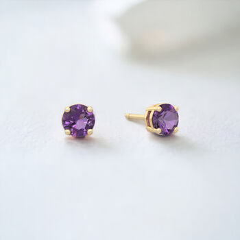 Solid 9ct Yellow Gold February Amethyst Birthstone Stud Earrings, 5 of 10