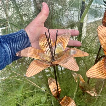 Set Of Two Copper Lily Flower Garden Stakes – Outdoor Garden Art, 5 of 6