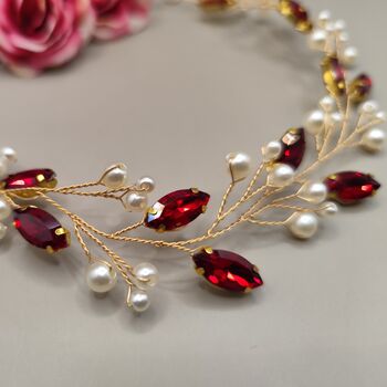 Red Crystal And Pearl Bridal Hair Vine, 7 of 11