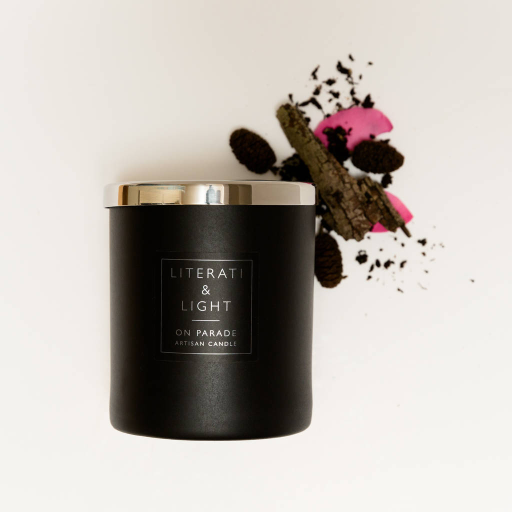 'on parade' woods, leather, brandy luxury soy candle by literati