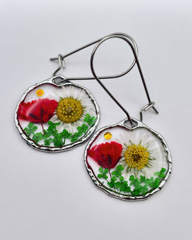 Real Daisies Poppies Circle Earrings Small Hand Made, 4 of 10