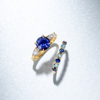 Blue Sapphire Round Cut Three Stone Engagement Ring In Sterling Silver And Gold, 8 of 12