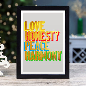 Love Honesty Peace Harmony Golden Words Art Print, 4 of 4