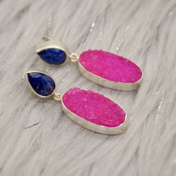 Blue Sapphire, Pink Druzy Agate Silver Earrings, 3 of 7