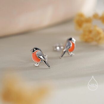Sterling Silver Tiny Bullfinch Bird Stud Earrings, 2 of 11
